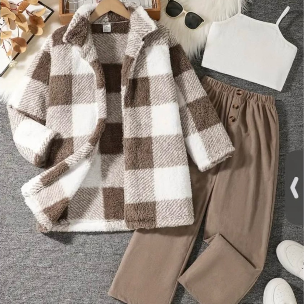 Brown and White Checkered Fleece Jacket with Tan Pants and Crop Top